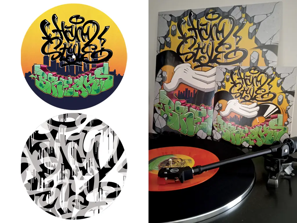 pochette vinyle Handstyle Breaks, DJ Ritch & Spank Bass, macarons - graphiste web print freelance
