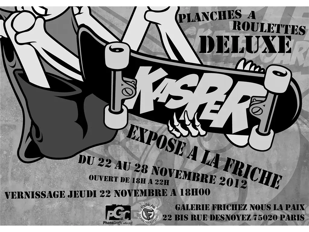 Flyer exposition kasper skateboards, Planches à roulettes deluxe - graphiste web print freelance